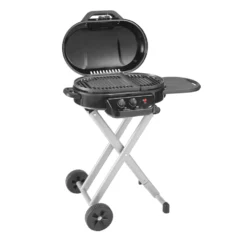Coleman RoadTrip® 225 Portable Stand-Up Propane Grill -Camp To Explore Shop 2000033048 225 Stand Up Coleman Black Angle Grill Open20copy