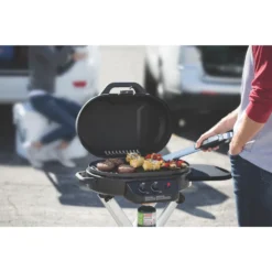 Coleman RoadTrip® 225 Portable Stand-Up Propane Grill -Camp To Explore Shop 2000033048 coleman grill 225 su black close up of food on grate in use