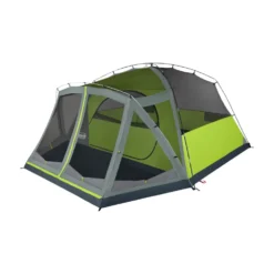 Coleman Skydome™ 8-Person Camping Tent With Screen Room, Rock Grey 16 Coleman Skydome™ 8-Person Camping Tent With Screen Room, Rock Grey -Camp To Explore Shop 200003752420 8P DmScrnPrch RckGry 2 FrontAngleLeft FlyOff WindowsDown