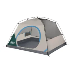 Coleman Skydome™ 4-Person Camping Tent With Full-Fly Vestibule, Evergreen -Camp To Explore Shop 4P DmVstblFllFly Evrgrn 3 FrontAngle FlyOff DoorOpen